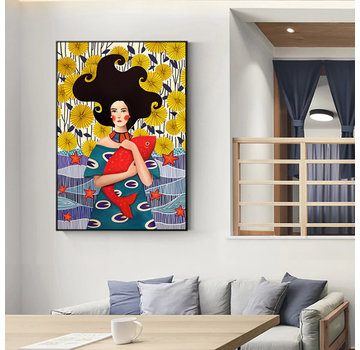 Allernieuwste.nl® Canvas Schilderij Modern Meisje met Vis - Moderne Kunst - Dieren - Poster - 50 x 70 cm - Kleur