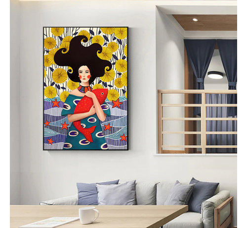 Allernieuwste.nl® Allernieuwste Canvas Schilderij Modern Meisje met Vis - Moderne Kunst - Dieren - Poster - 50 x 70 cm - Kleur