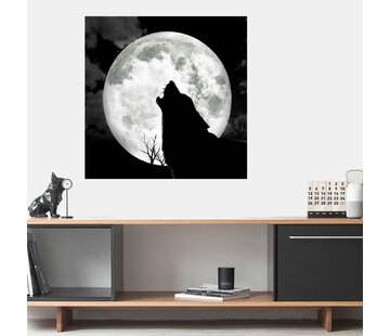 Allernieuwste.nl® Canvas Schilderij Huilende Wolf bij Maan - Kunst - Dieren - Poster - Realistisch - 70 x 70 cm - Zwart Wit