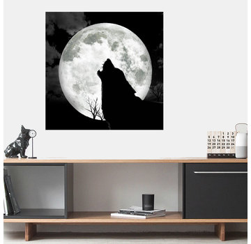 Allernieuwste.nl® Canvas Schilderij Huilende Wolf bij Maan - Kunst - Dieren - Poster - Realistisch - 70 x 70 cm - Zwart Wit