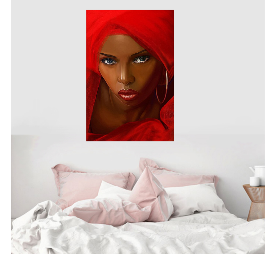 Allernieuwste.nl® Canvas Schilderij Vrouw met Rode Sjaal - Modern - Poster - Reproductie - 60 x 90 cm - Kleur