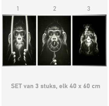 Allernieuwste.nl® Canvas Schilderij SET v 3st 3 Apen: Horen-Zien-Zwijgen Gangsters - Modern Grafitti - Poster - SET 3x 40 x 60 cm - Kleur