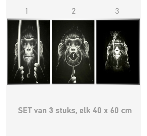 Allernieuwste.nl® Allernieuwste.nl® Canvas Schilderij SET v 3st 3 Apen: Horen-Zien-Zwijgen Gangsters - Modern Grafitti - Poster - SET 3x 40 x 60 cm - Kleur