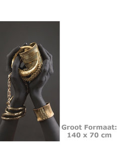Allernieuwste.nl® Canvas Schilderij * Afrikaanse Vrouwenhand met Gouden Sieraden * - Kleur Goud-Zwart - XL 70 x 140 cm