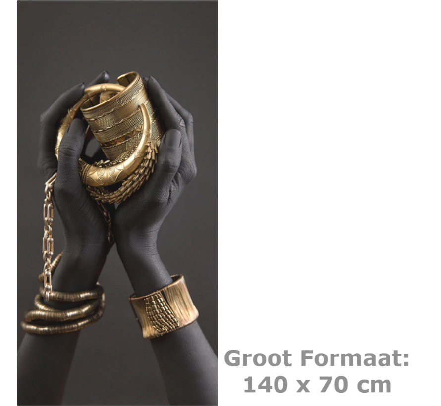 Canvas Schilderij * Afrikaanse Vrouwenhand met Gouden Sieraden * - Kleur Goud-Zwart - XL 70 x 140 cm