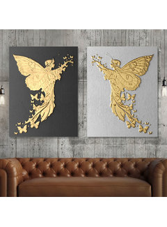 Allernieuwste.nl® 2-Delige SET Canvas Schilderij * Set Gouden Engelen * - Modern - Goud zwart - SET 2x 40 x 50 cm