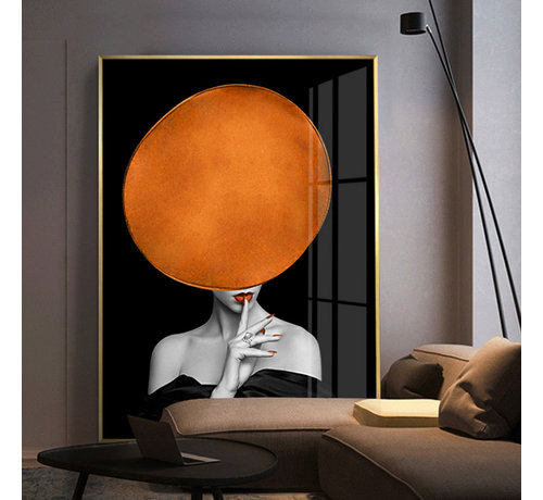 Allernieuwste.nl® Canvas Schilderij * Dame met enorme Hoed * - Kunst aan je Muur - Modern - zwartwit en oranje - 50 x 75 cm