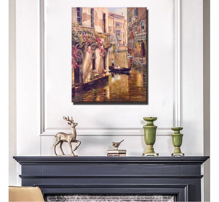 Canvas Schilderij * VenetiÃ« Stad en Gondel * - Kunst aan je Muur - Romantisch Realistisch - Kleur - 50 x 70 cm