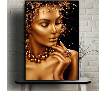 Allernieuwste.nl® Canvas Schilderij * Sexy Gouden Naakte Vrouw met Sieraden * - Kunst aan je Muur - Kleur Goud-Zwart - 50 x 70 cm