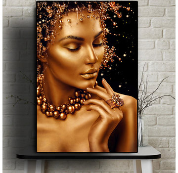 Allernieuwste.nl® Canvas Schilderij * Sexy Gouden Naakte Vrouw met Sieraden * - Kunst aan je Muur - Kleur Goud-Zwart - 50 x 70 cm