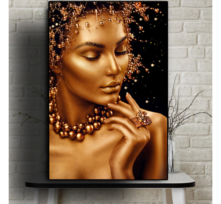 Canvas Schilderij * Sexy Gouden Naakte Vrouw met Sieraden * - Kunst aan je Muur - Kleur Goud-Zwart - 50 x 70 cm