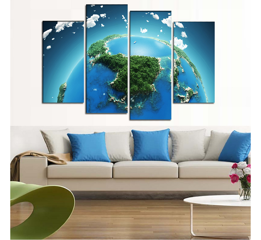 Allernieuwste.nl® Canvas Schilderij 4-luik Groene Planeet Aarde - 4-delig Aardbol  - totaal 80 x 120 cm