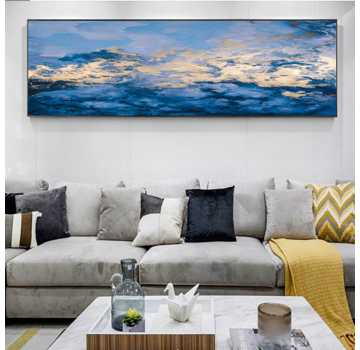 Allernieuwste.nl® Canvas Schilderij Abstracte Wolken Zee Bergen - Extreem XXL formaat - Modern - Kleur - 70 x 210 cm