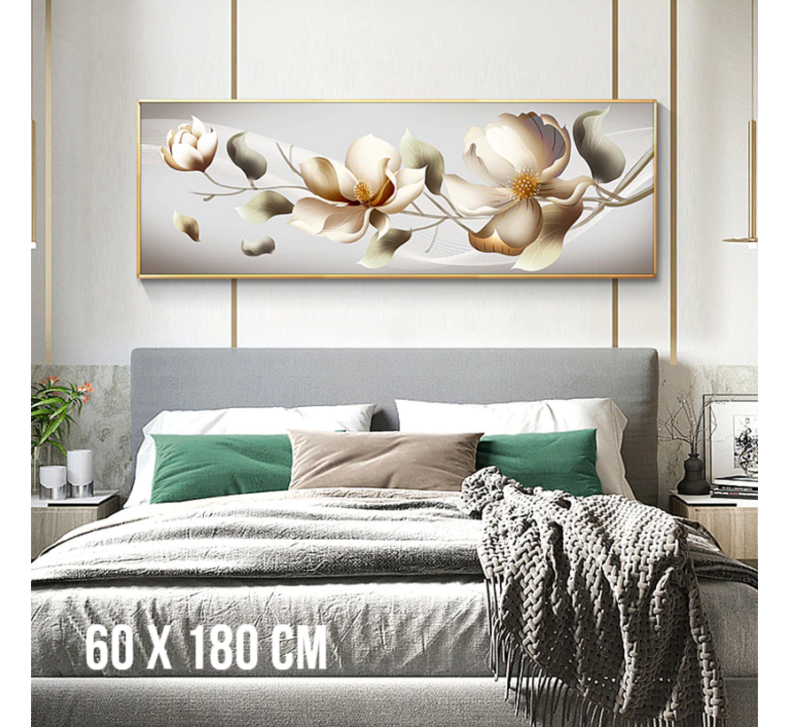 Allernieuwste.nl® Canvas Schilderij Abstracte Moderne Bloemen XL - Beige - kleur - Natuur - 60 x 180 cm - woonkamer