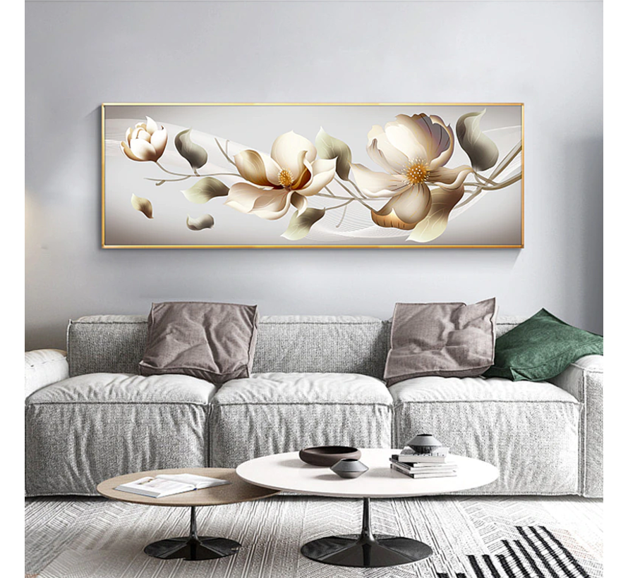 Allernieuwste.nl® Canvas Schilderij Abstracte Moderne Bloemen XL - Beige - kleur - Natuur - 60 x 180 cm - woonkamer