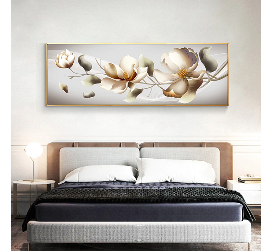 Allernieuwste.nl® Canvas Schilderij Abstracte Moderne Bloemen XL - Beige - kleur - Natuur - 60 x 180 cm - woonkamer