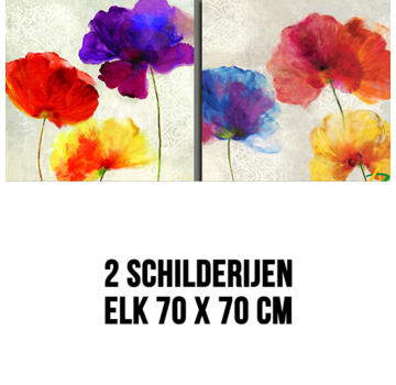 Allernieuwste.nl® Canvas Schilderij 2 STUKS Bloemenpracht Aquarel - Kleur - Bloemen Natuur - 2x elk 70 x 70 cm