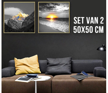 Allernieuwste.nl® Canvas Schilderij SET van 2 STUKS Bergen, Zee, Strand - Prachtige Natuur - Kleur - Set 2x 50x50 cm