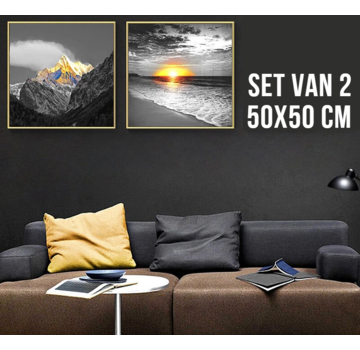 Allernieuwste.nl® Canvas Schilderij SET van 2 STUKS Bergen, Zee, Strand - Prachtige Natuur - Kleur - Set 2x 50x50 cm