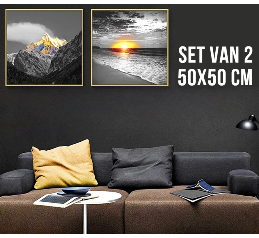 Allernieuwste.nl® Canvas Schilderij SET van 2 STUKS Bergen, Zee, Strand - Prachtige Natuur - Kleur - Set 2x 50x50 cm