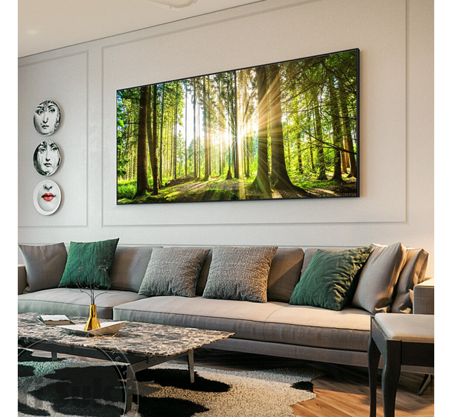 Allernieuwste.nl® Canvas Schilderij Lentebos Zonlicht door de Bomen - Natuur Realistisch - kleur - 60 x 120 cm