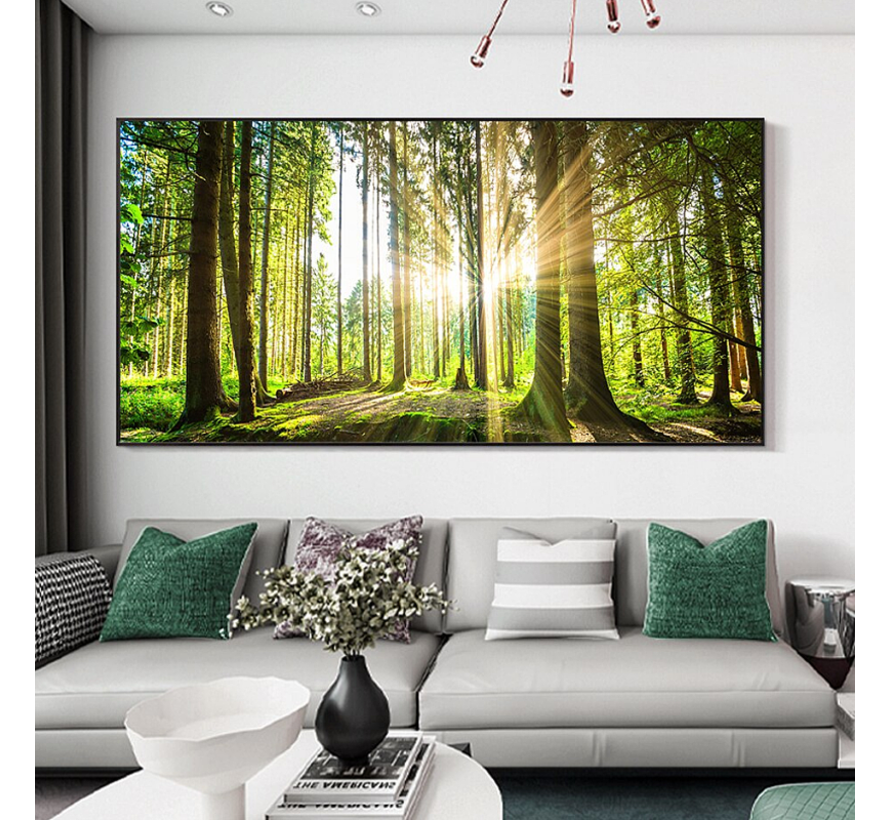 Allernieuwste.nl® Canvas Schilderij Lentebos Zonlicht door de Bomen - Natuur Realistisch - kleur - 60 x 120 cm