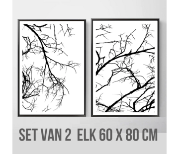Allernieuwste.nl® Canvas Schilderij SET 2 stuks Natuur Boom Takken - Realistisch Modern Minimalisme - zwart Wit - Set 2x 60x80cm