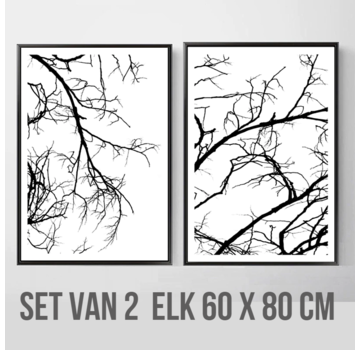 Allernieuwste.nl® Canvas Schilderij SET 2 stuks Natuur Boom Takken - Realistisch Modern Minimalisme - zwart Wit - Set 2x 60x80cm