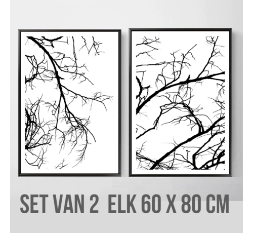 Allernieuwste.nl® Allernieuwste.nl® Canvas Schilderij SET 2 stuks Natuur Boom Takken - Realistisch Modern Minimalisme - zwart Wit - Set 2x 60x80cm