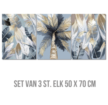 Allernieuwste.nl® SET van 3 stuks Canvas Schilderij Tropische Palm Boom Bladeren - Poster - 3-delige SET 50 x 70 cm - Kleur