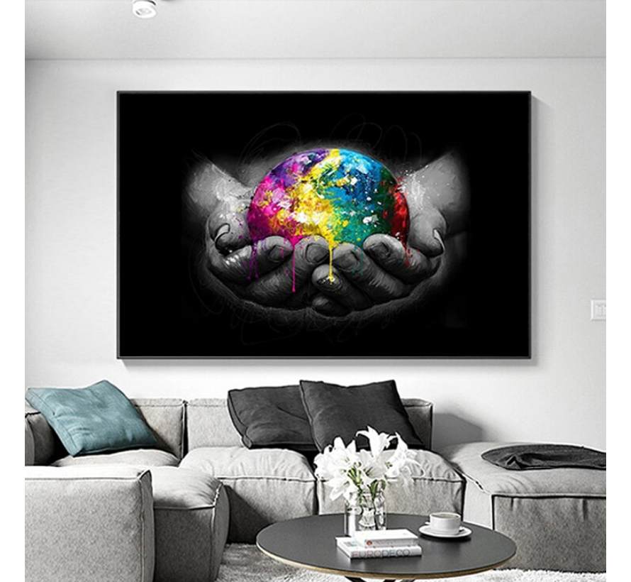 Allernieuwste Canvas Schilderij De Wereld in Mijn Handen - Decoratief - Poster - 60 x 90 cm - Kleur