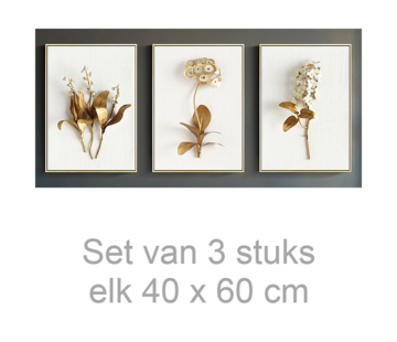 Allernieuwste.nl® 3-Delig Canvas Schilderij Gouden Bloemen Set - Natuur - Poster - Reproductie - Set 3x 40 x 60 cm - Kleur