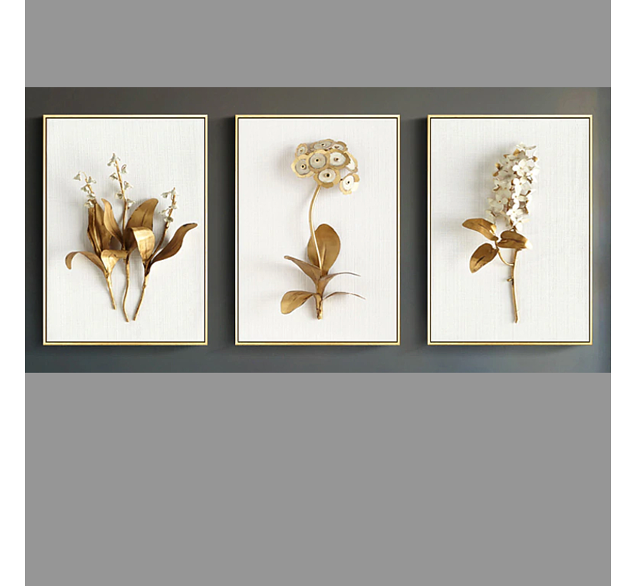 Allernieuwste.nl® 3-Delig Canvas Schilderij Gouden Bloemen Set - Natuur - Poster - Reproductie - Set 3x 40 x 60 cm - Kleur