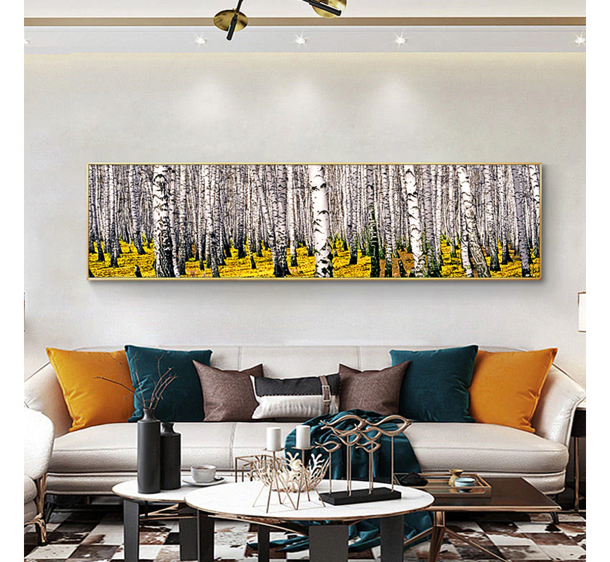 Allernieuwste.nl® Canvas Schilderij Berkenboom Bos Landschap - Natuur - Poster - Realistisch - 40 x 160 cm - Kleur