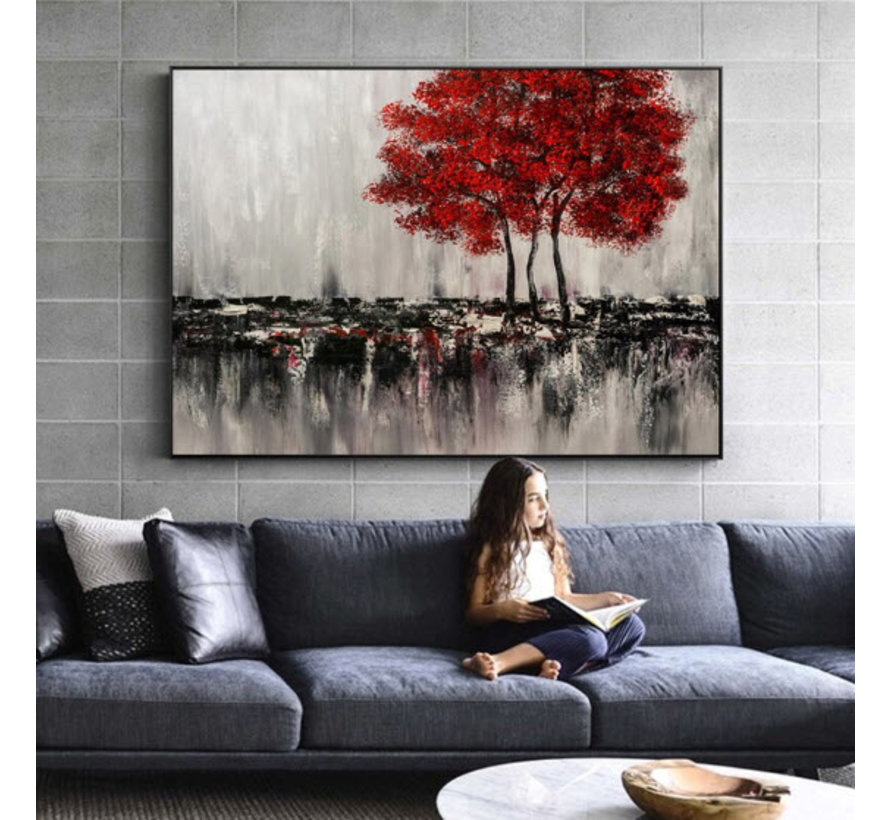 Allernieuwste.nl® Canvas Schilderij Bomen Rood - Abstract Zwart - Natuur - Poster - 40 x 30 cm - Kleur