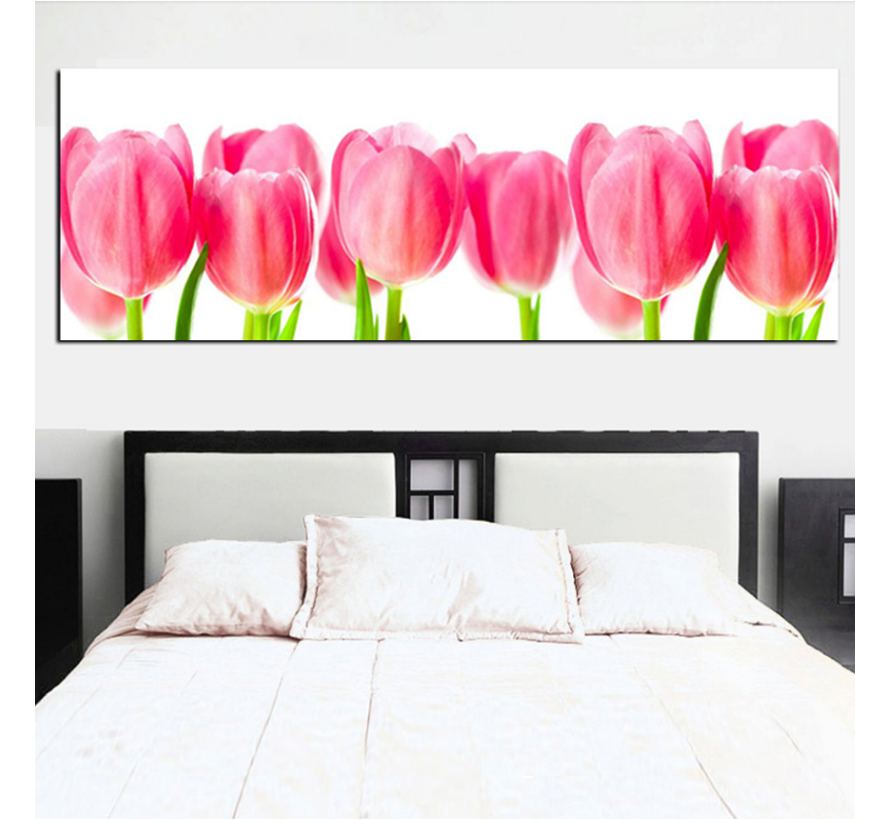 Canvas Schilderij * Rose Tulpen Pink Tulips * - Natuur Bloemen - XL formaat - Kleur - 50 x 150 cm