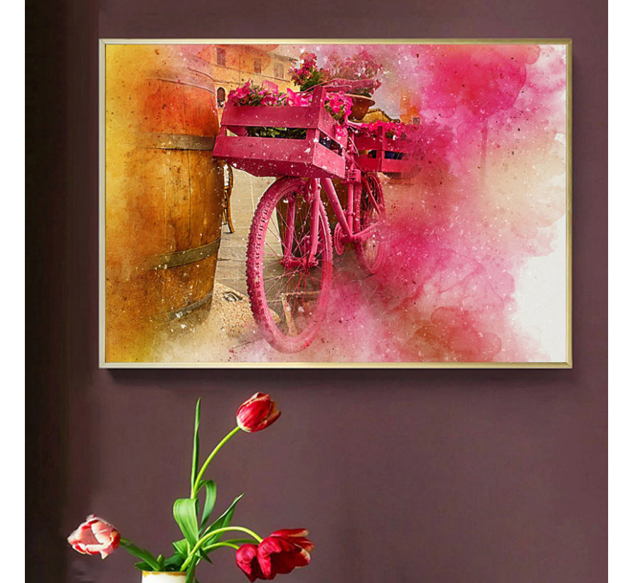 Canvas Schilderij * Bloemen Fiets Aquarel * - Abstract - Kleur Rood - 50 x 70 cm