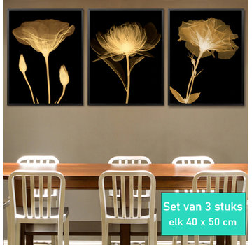 Allernieuwste.nl® SET van 3 st Canvas Schilderij - Prachtige Gouden Bloemen * - Goud-Zwart - SET 3x 40 x 50 cm