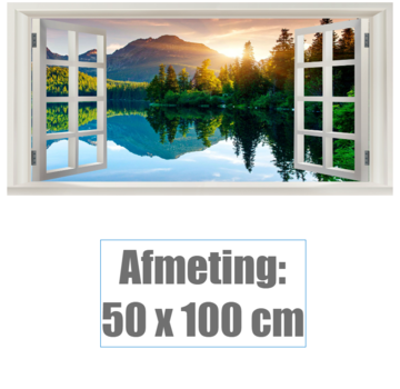 Allernieuwste.nl® Canvas Schilderij * Extra Venster met uitzicht Bergen en Meer * - Kleur - Realistisch Raam - 50 x 100 cm