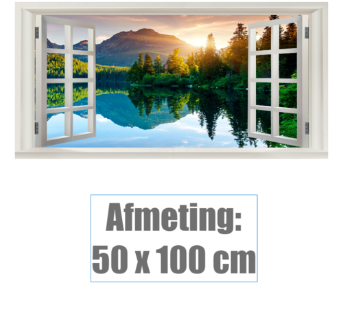 Allernieuwste.nl® Canvas Schilderij * Extra Venster met uitzicht Bergen en Meer * - Kleur - Realistisch Raam - 50 x 100 cm