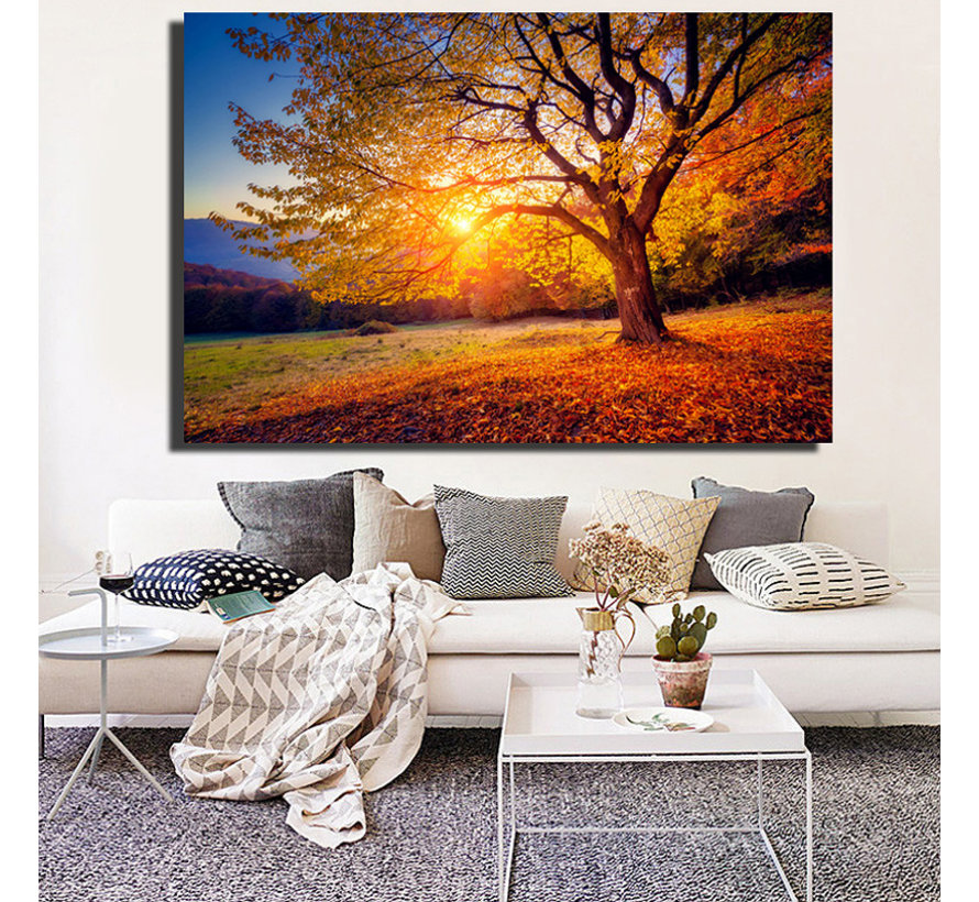 Canvas Schilderij * Zonsondergang in de Hefst * - Kunst aan je Muur - Romantisch Realistisch - Kleur - 70 x 100 cm