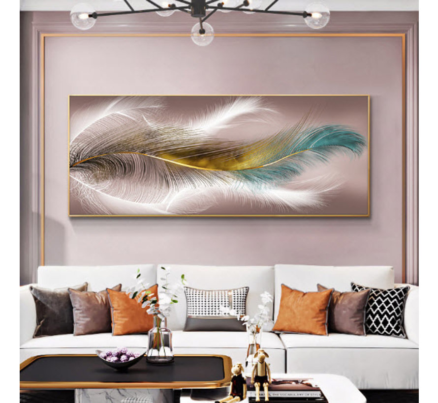 Allernieuwste.nl® Canvas Schilderij Luxe Veren Goud - Wit - Blauw - Moderne Kunst - Poster - 50 x 125 cm - Kleur