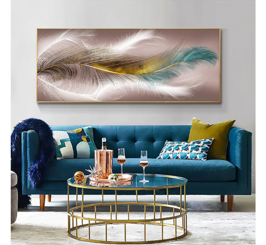 Allernieuwste.nl® Canvas Schilderij Luxe Veren Goud - Wit - Blauw - Moderne Kunst - Poster - 50 x 125 cm - Kleur