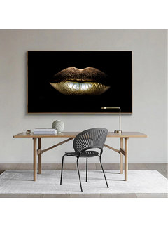 Allernieuwste.nl® Canvas Schilderij * Gouden Lippen Mond * - Kunst aan je Muur - Modern Abstract - Goud en Zwart - 70 x 100 cm