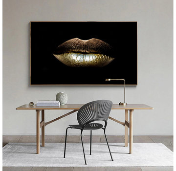 Allernieuwste.nl® Canvas Schilderij * Gouden Lippen Mond * - Kunst aan je Muur - Modern Abstract - Goud en Zwart - 70 x 100 cm