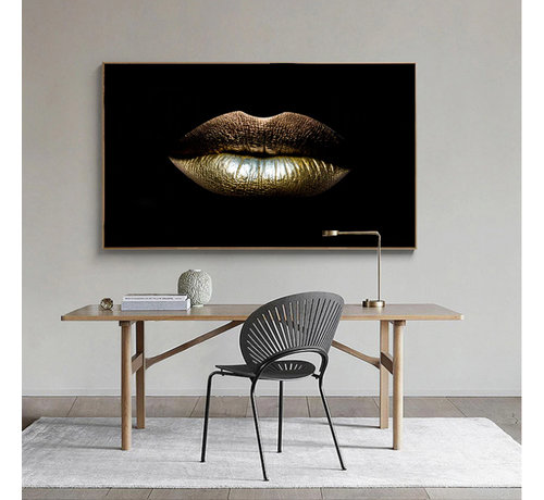 Allernieuwste.nl® Canvas Schilderij * Gouden Lippen Mond * - Kunst aan je Muur - Modern Abstract - Goud en Zwart - 70 x 100 cm