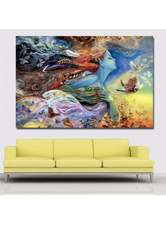 Allernieuwste.nl® Canvas Schilderij * Mooi Meisje met Vlinders en Vogels * - Kunst aan je Muur - Romantisch - Kleur - 70 x 105 cm