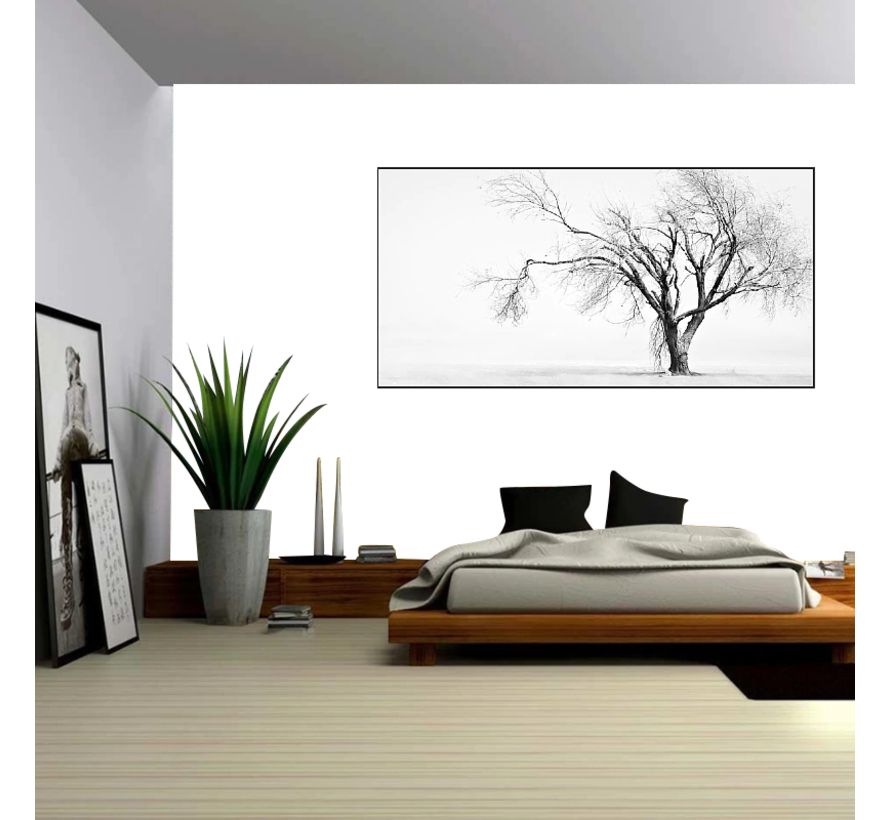 Allernieuwste.nl® Canvas Schilderij Minimalistische Kale Boom - Minimal Art - Zwart Wit Grijs - XL 70 x 150 cm