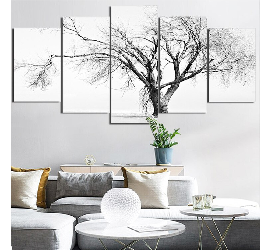 Allernieuwste.nl® Canvas Schilderij 5 Luik Minimalistische Kale Boom - Minimal Art - Zwart Wit Grijs - XL 80 x 160 cm