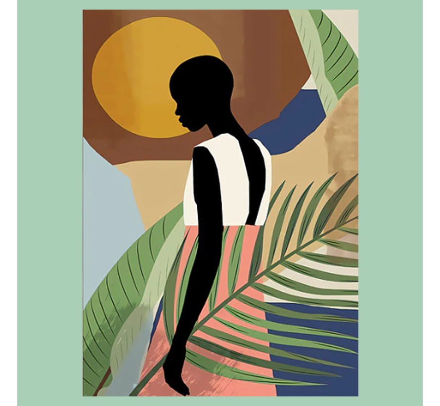 Allernieuwste.nl® Canvas Minimalistische Afrikaanse Vrouw in Zon - Minimalisme - Kleur - 60 x 90 cm